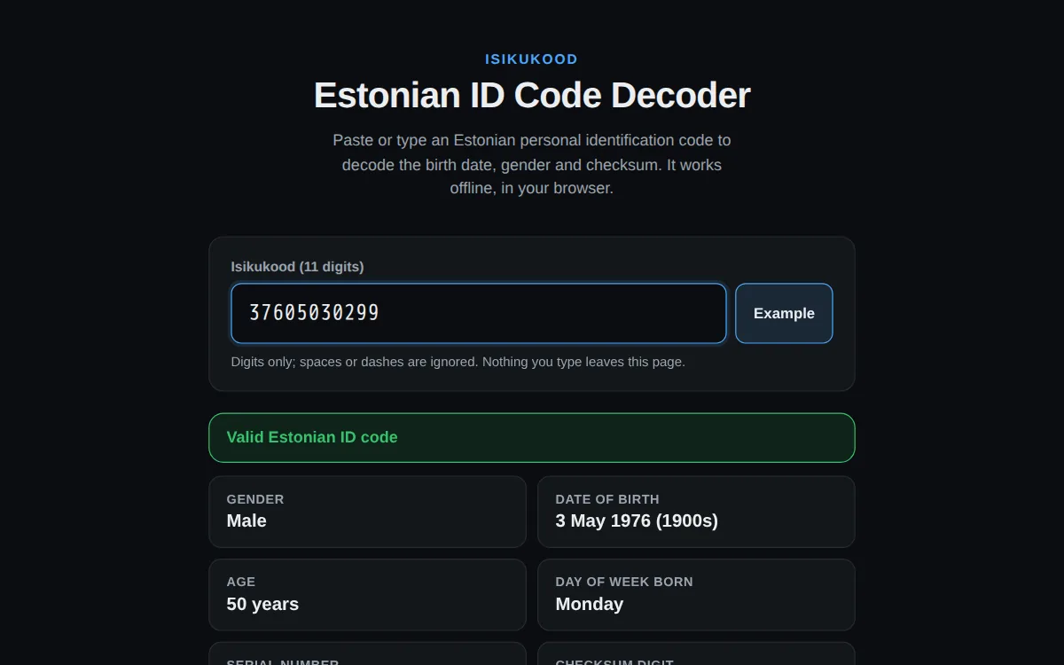 The decoder showing a valid code: male, born 3 May 1976, aged 50, born on a Monday