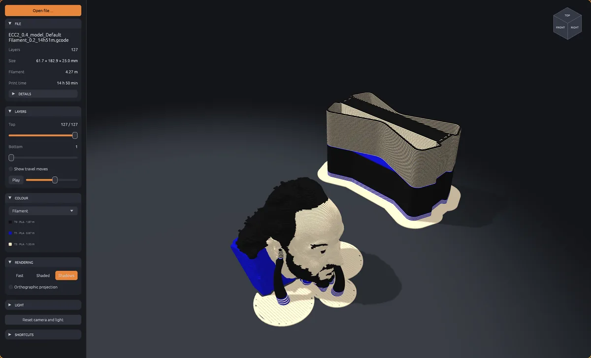 Gcode Viewer showing a multi-colour print coloured by filament, with shadows and collapsible sidebar sections