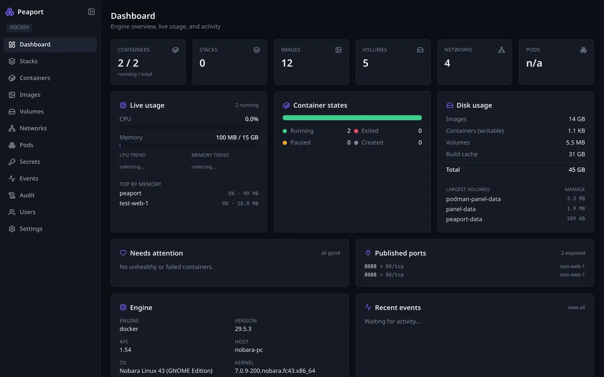 Peaport dashboard with container counts, live usage, container states and disk usage
